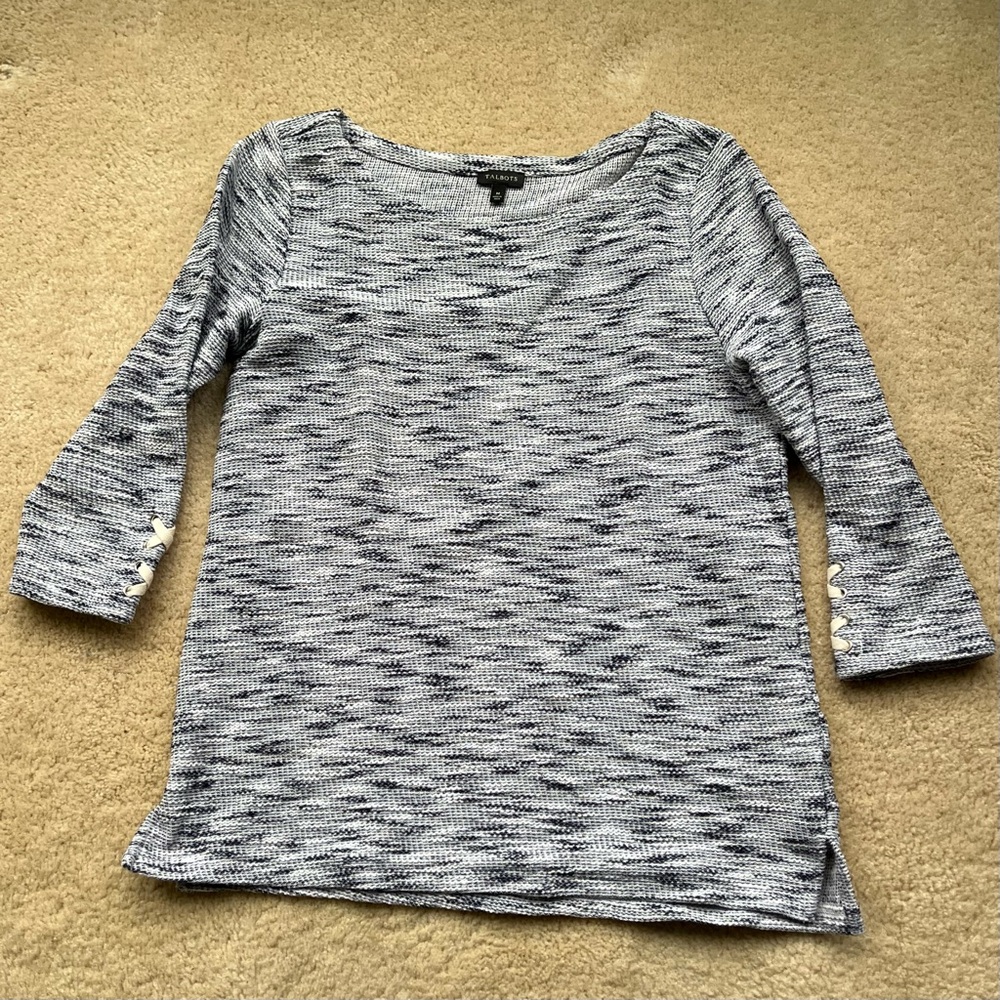 Talbots Navy White Pullover Tunic Sweater w/ Metallic Thread - Size M - EUC